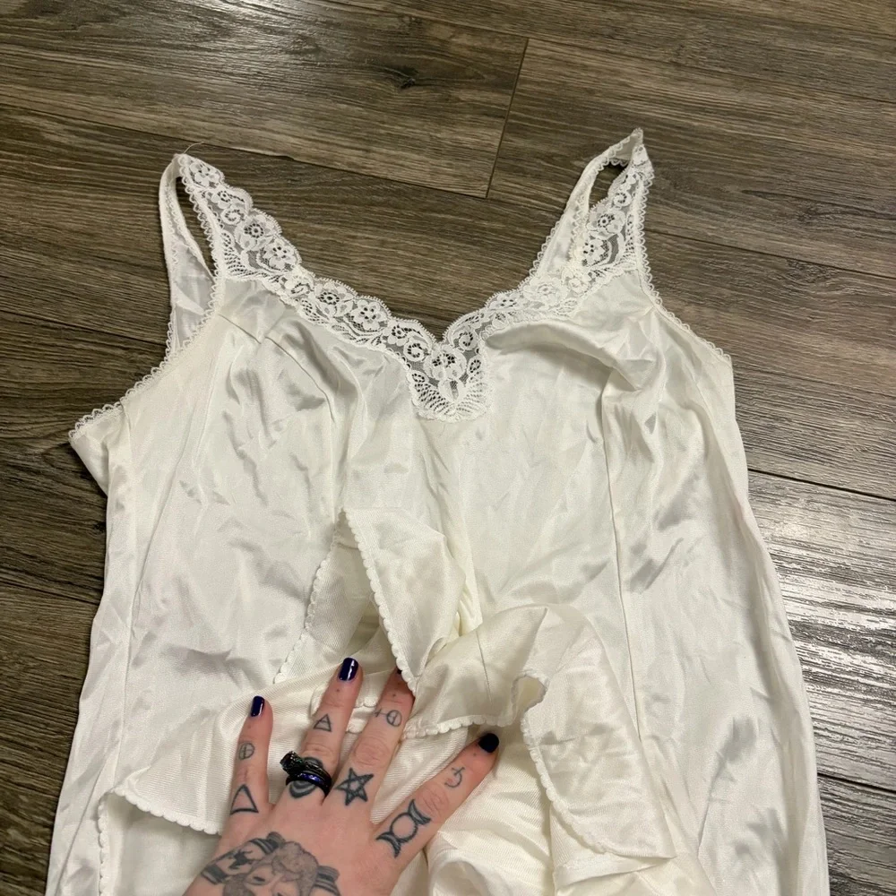 70s/80s European Vintage Triumph Silky Lace Bust Split Hem Slip Dress Ivory M/L